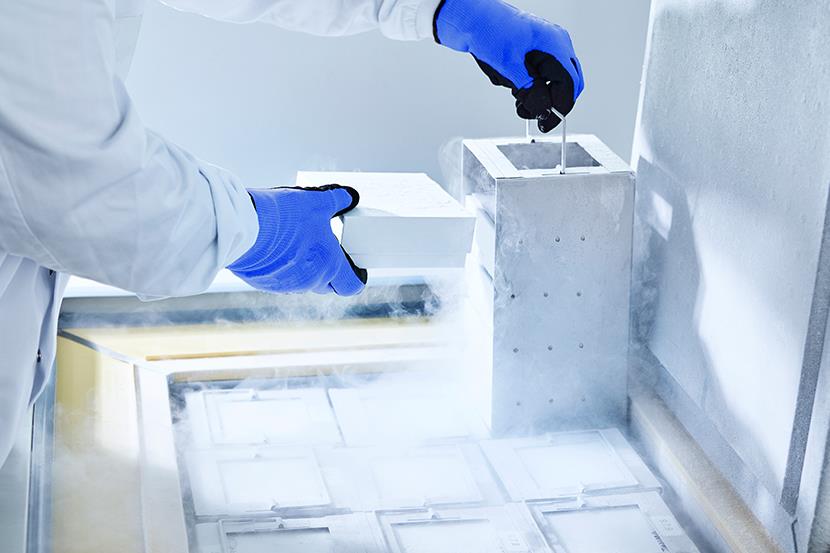 person in white lab coat wearing insulated gloves opening upright freezer