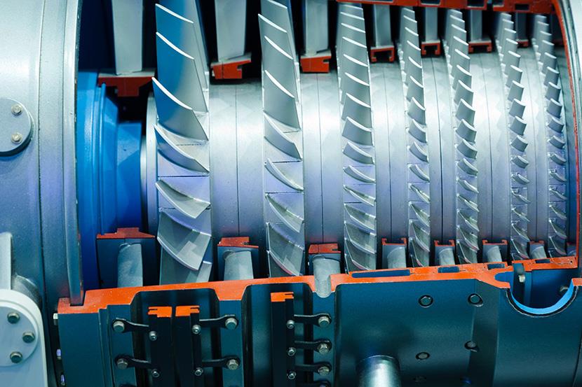 closeup of industrial gas turbine